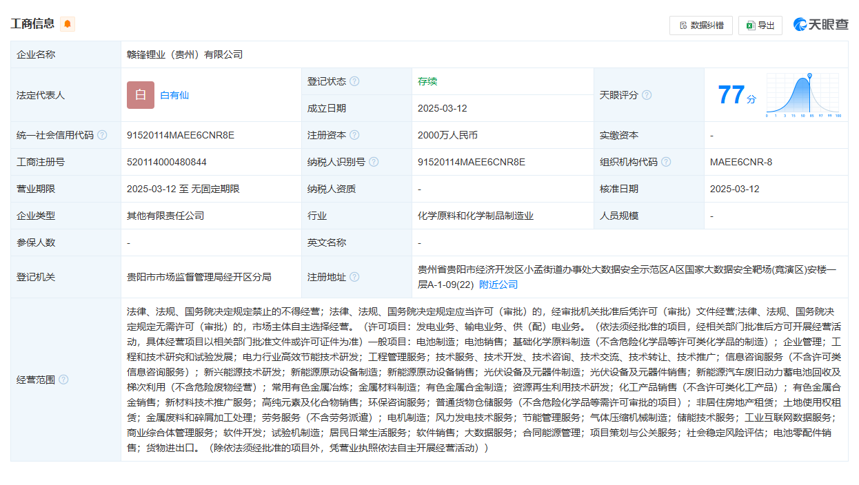 赣锋锂业成立储能科技公司 含电机制造业务