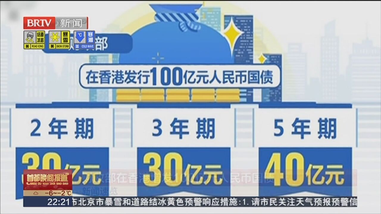 财政部在香港成功发行今年第三期125亿元人民币国债