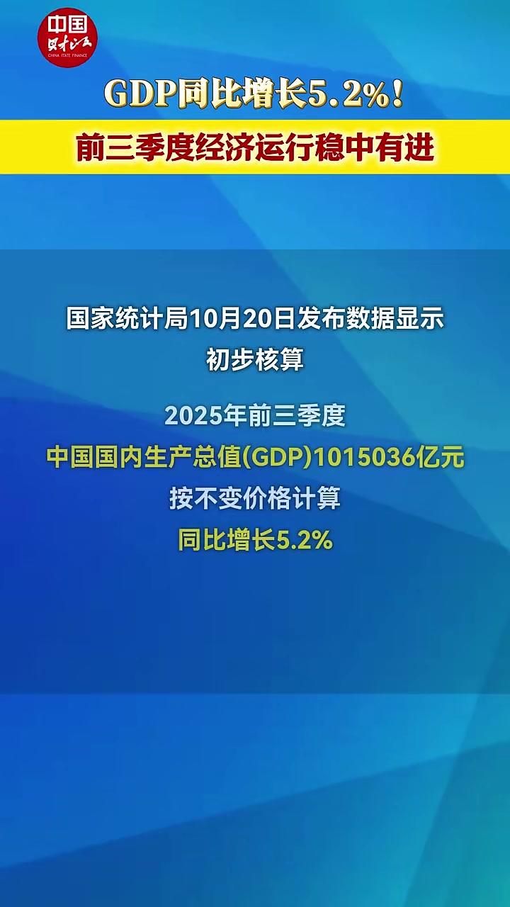 前三季度中国GDP同比增长5.2%