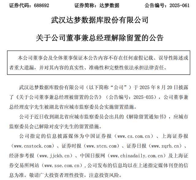 达梦数据董事兼总经理皮宇被解除留置