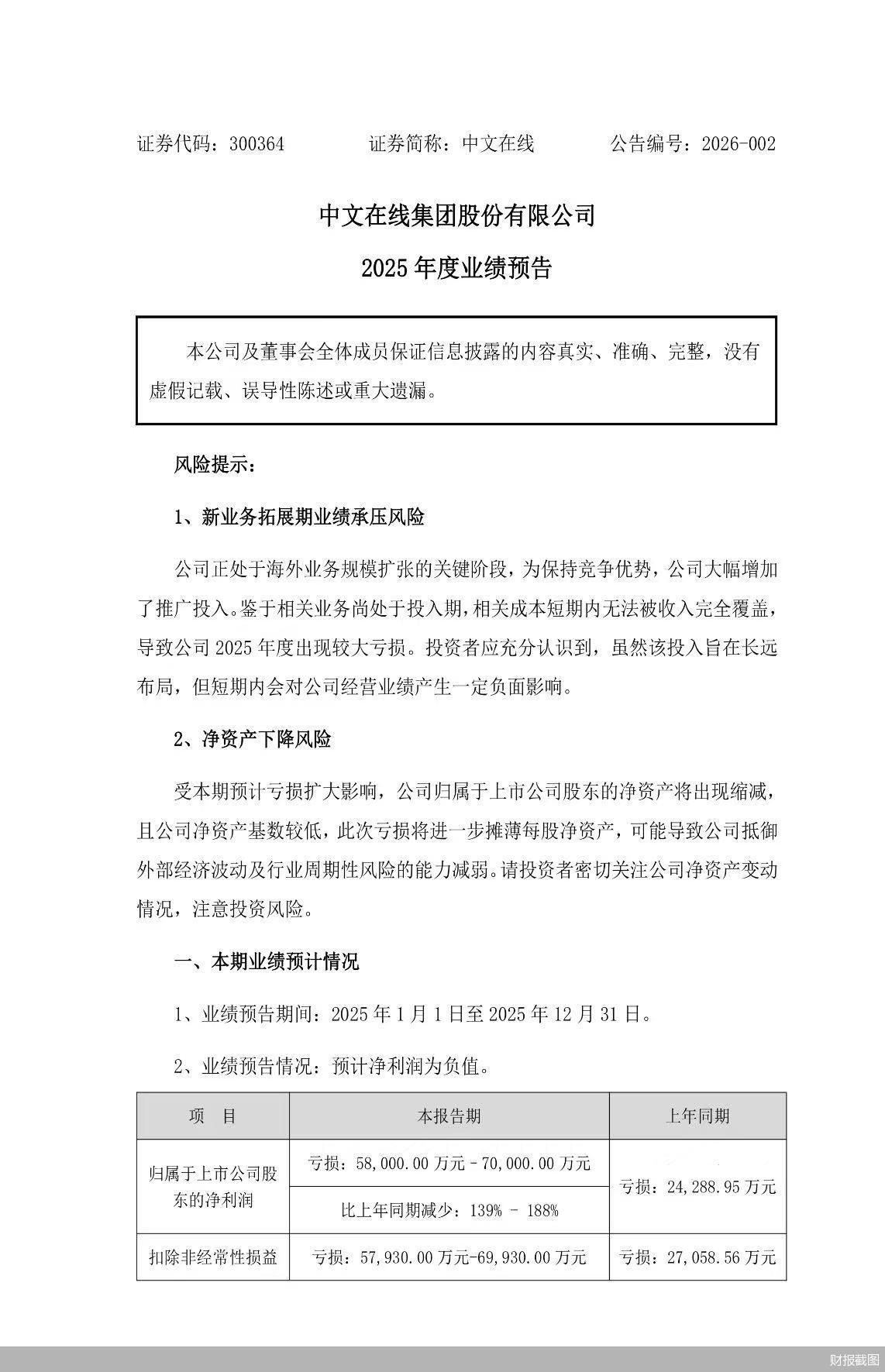 昆仑万维：预计2025年度经营业绩将出现亏损
